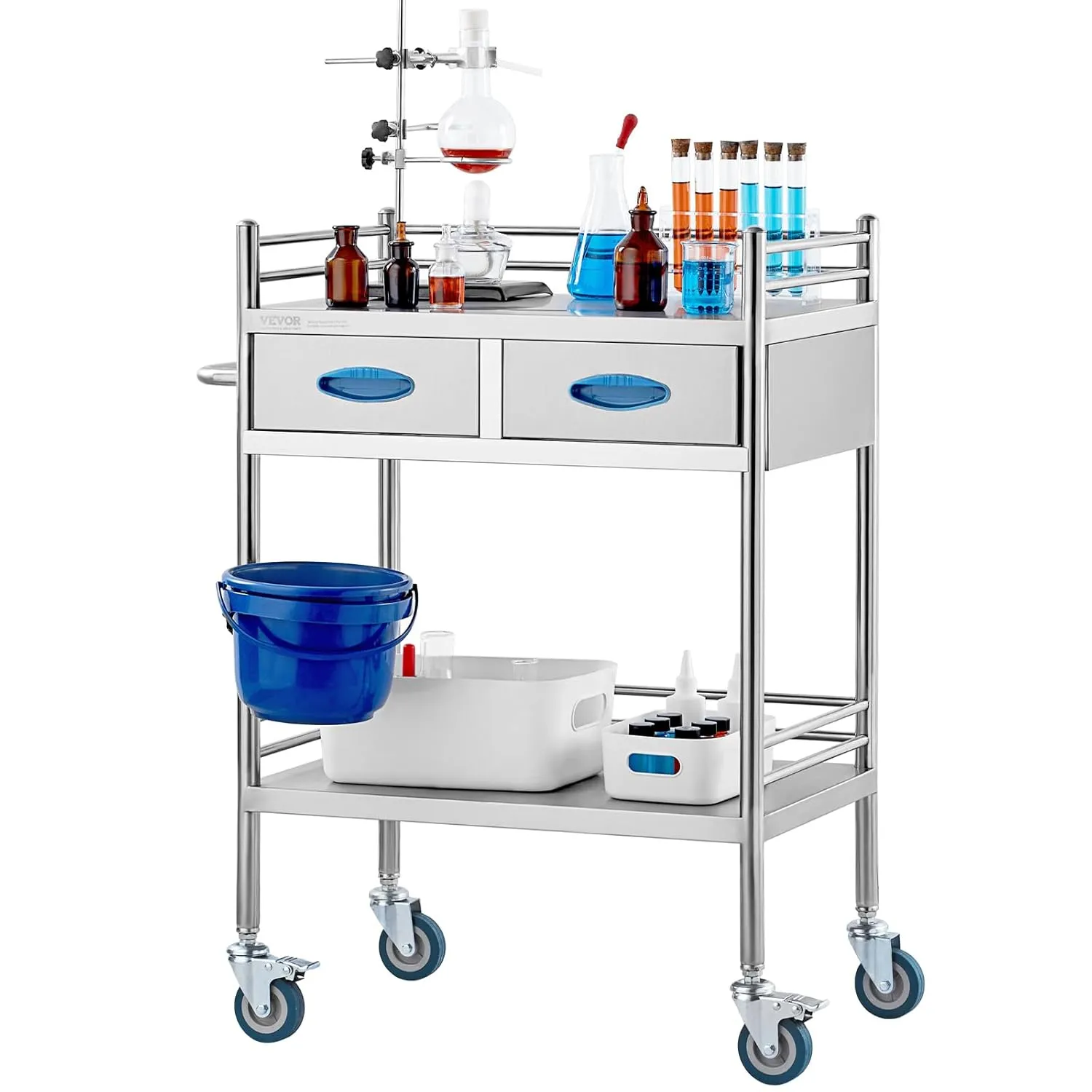 VEVOR Lab Serving Cart Utility Cart Stainless Steel Medical Cart with Two Drawers for lab Equipment Use Grade I Stainless Steel Utility Services (2 Shelves/ 2 Drawer)