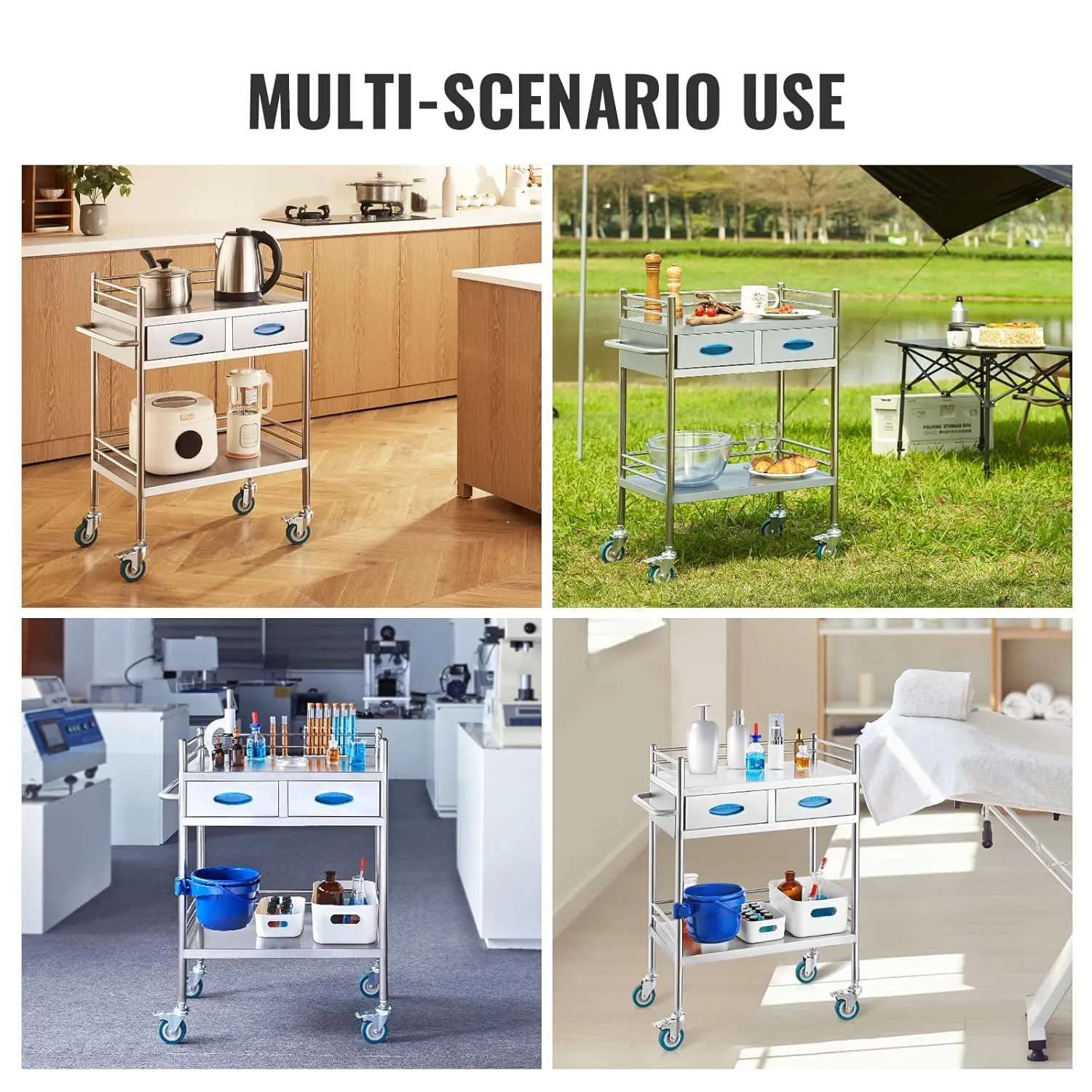 VEVOR Lab Serving Cart Utility Cart Stainless Steel Medical Cart with Two Drawers for lab Equipment Use Grade I Stainless Steel Utility Services (2 Shelves/ 2 Drawer)