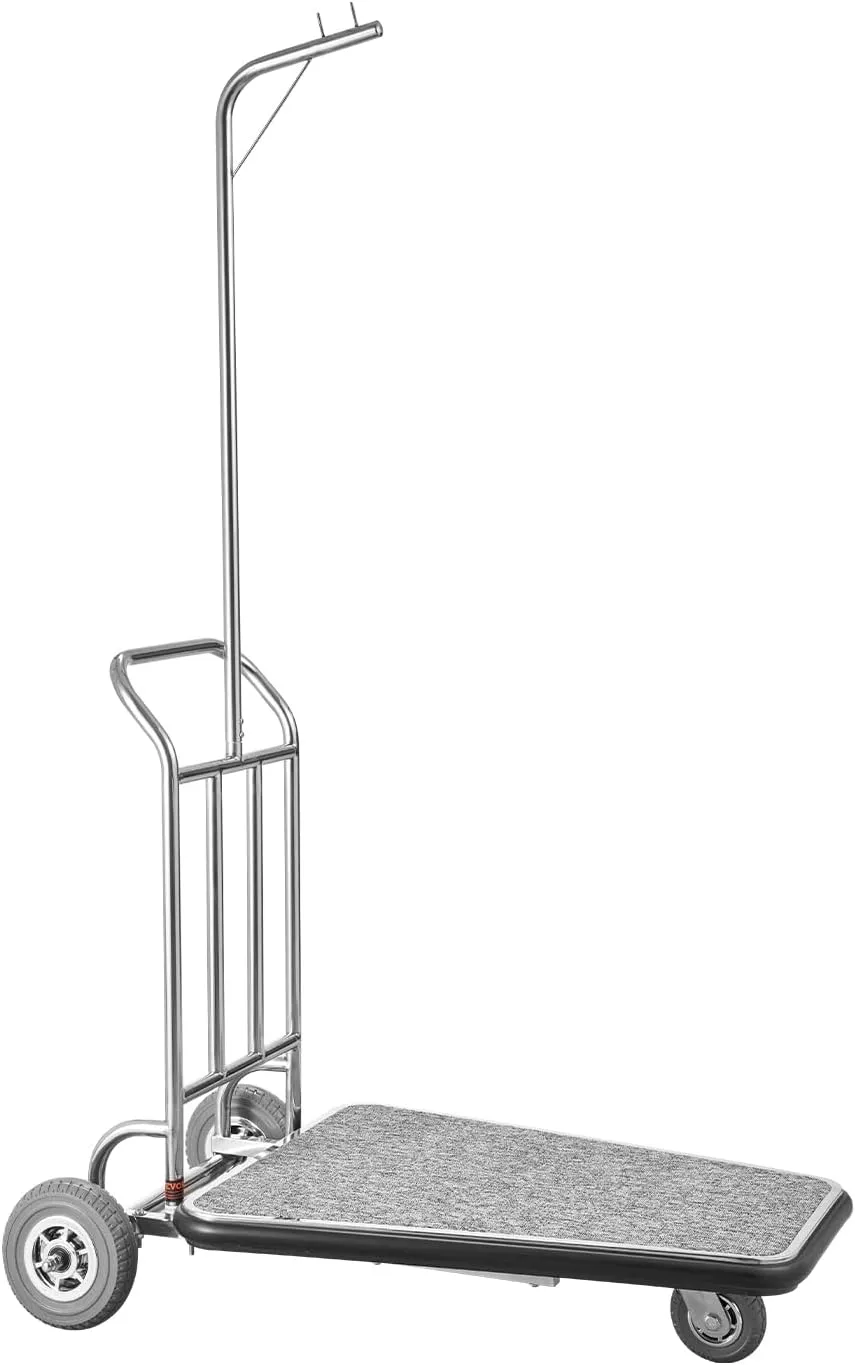 VEVOR Luggage Cart, 600 LBS Load Capacity, 3 Wheel Stainless Steel Bellman Cart, Valet Kart with Grey Carpeted Deck and Rubber Wheels, Ideal for Convention Centers, Hotels, Rental Properties, Silver