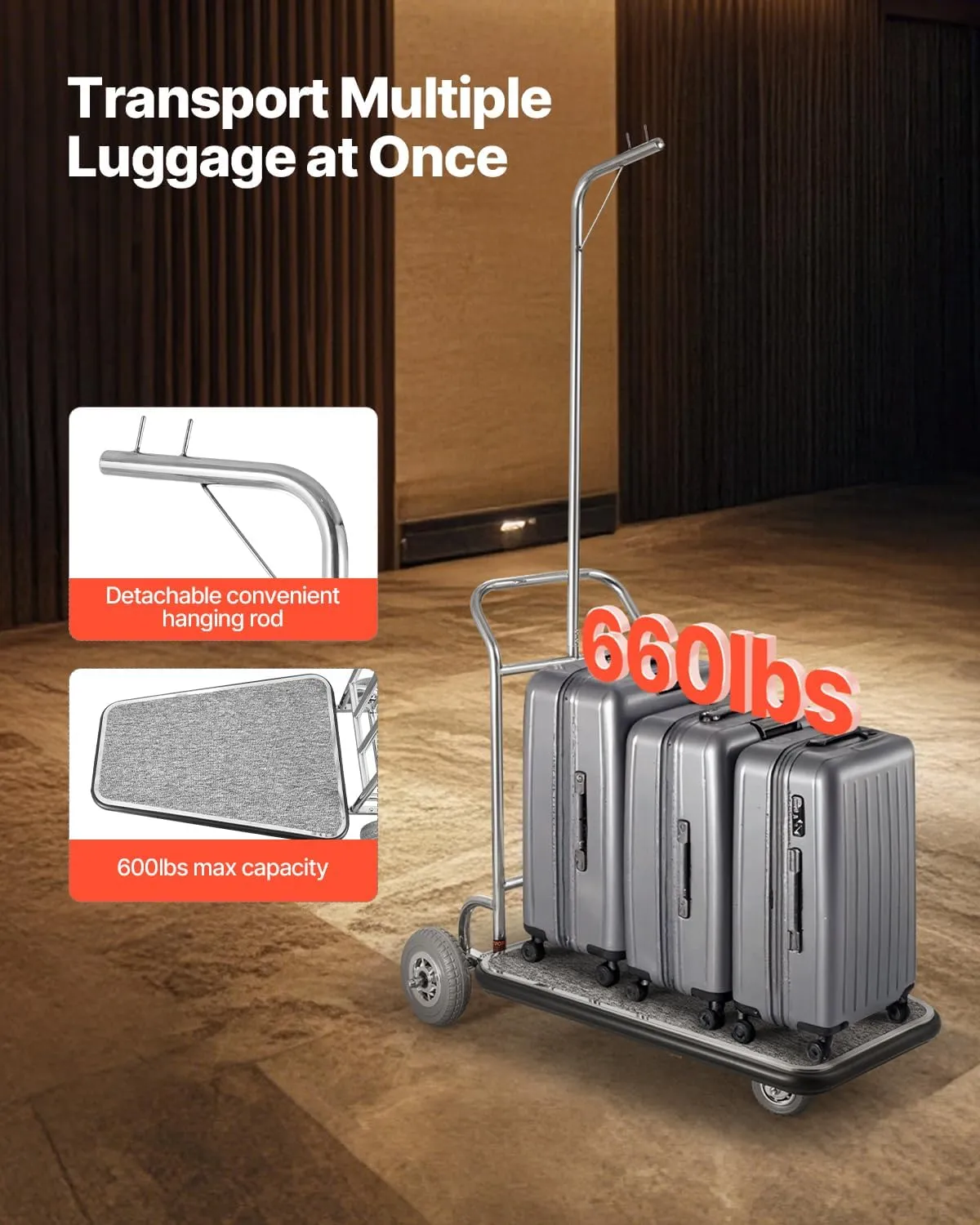 VEVOR Luggage Cart, 600 LBS Load Capacity, 3 Wheel Stainless Steel Bellman Cart, Valet Kart with Grey Carpeted Deck and Rubber Wheels, Ideal for Convention Centers, Hotels, Rental Properties, Silver