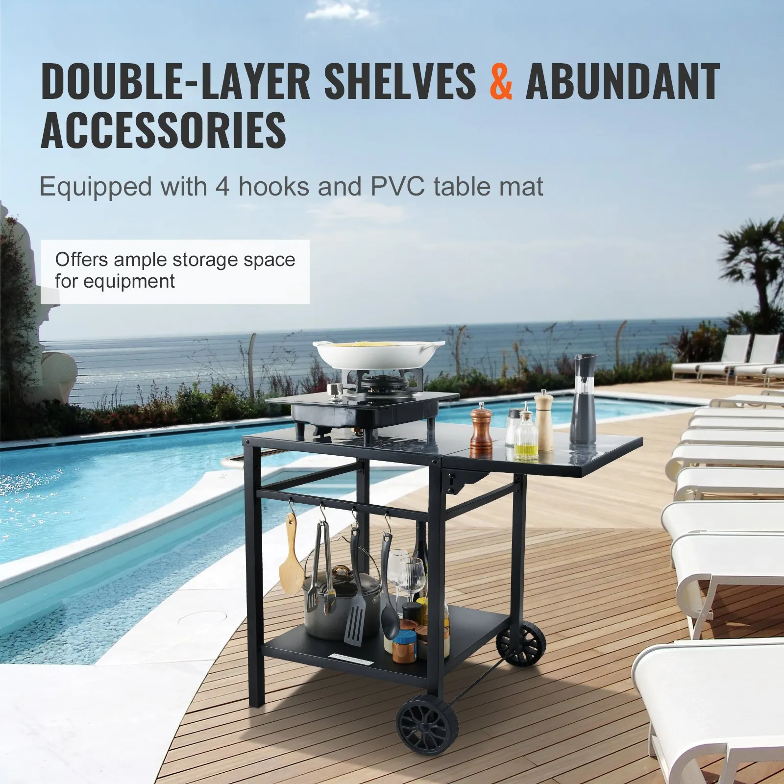 VEVOR Outdoor Grill Dining Cart with Double-Shelf | BBQ Movable Food Prep Table