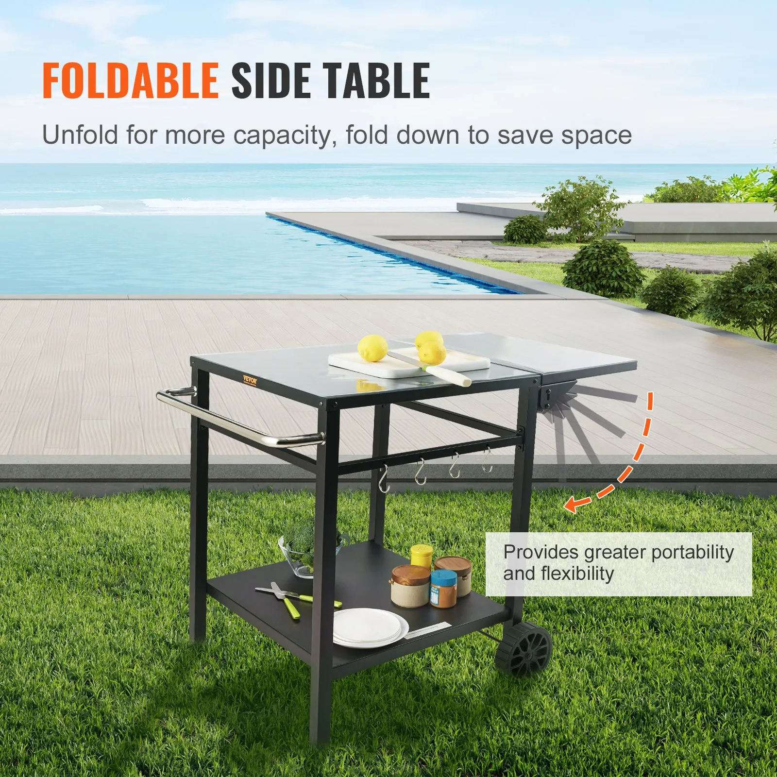VEVOR Outdoor Grill Dining Cart with Double-Shelf | BBQ Movable Food Prep Table