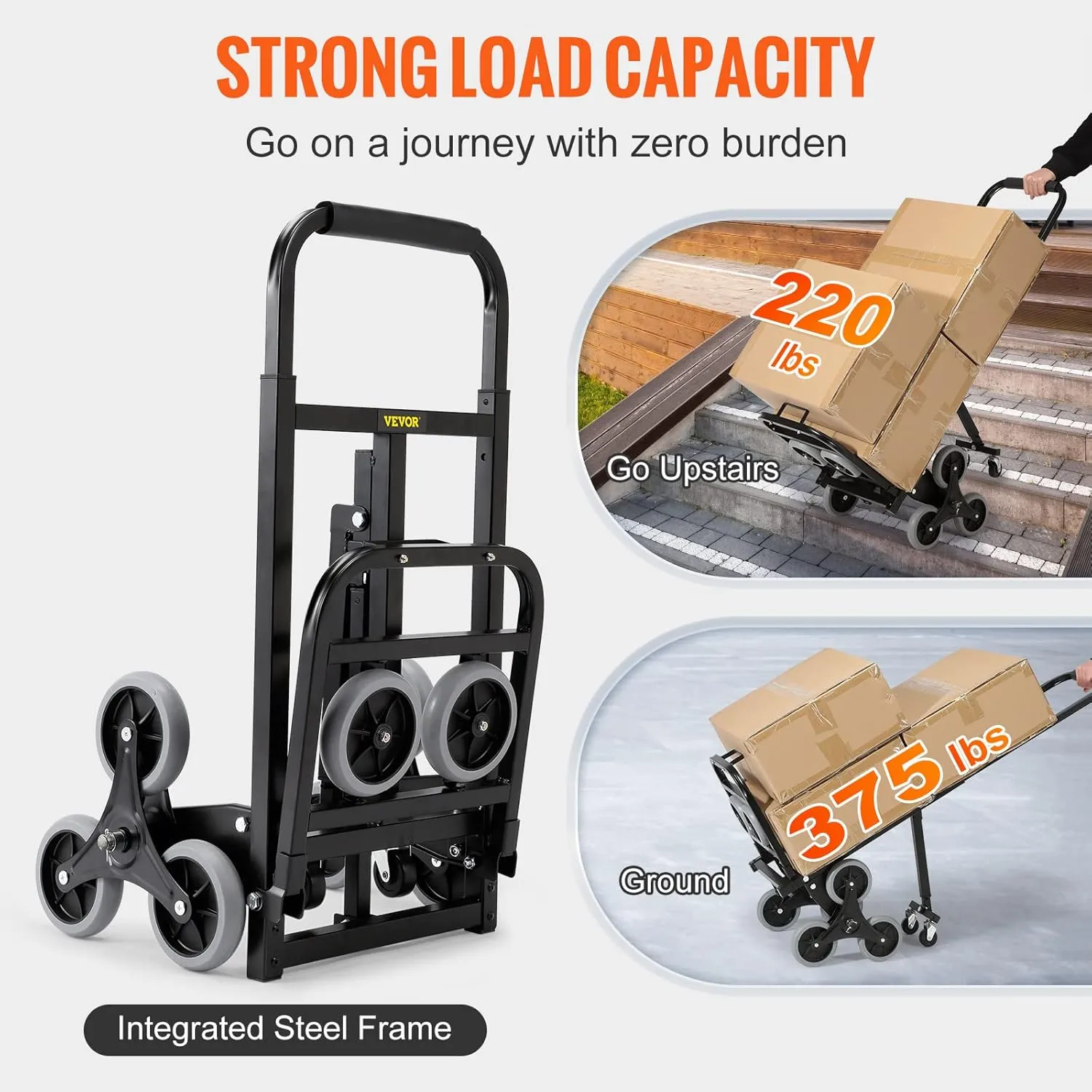 VEVOR Stair Climbing Hand Truck, Heavy-Duty Hand Cart Dolly 375 lbs Load Capacity, Foldable Stair Climber Hand Trucks with Adjustable Handle, All Terrain Cart for Stairs with 10 Wheels