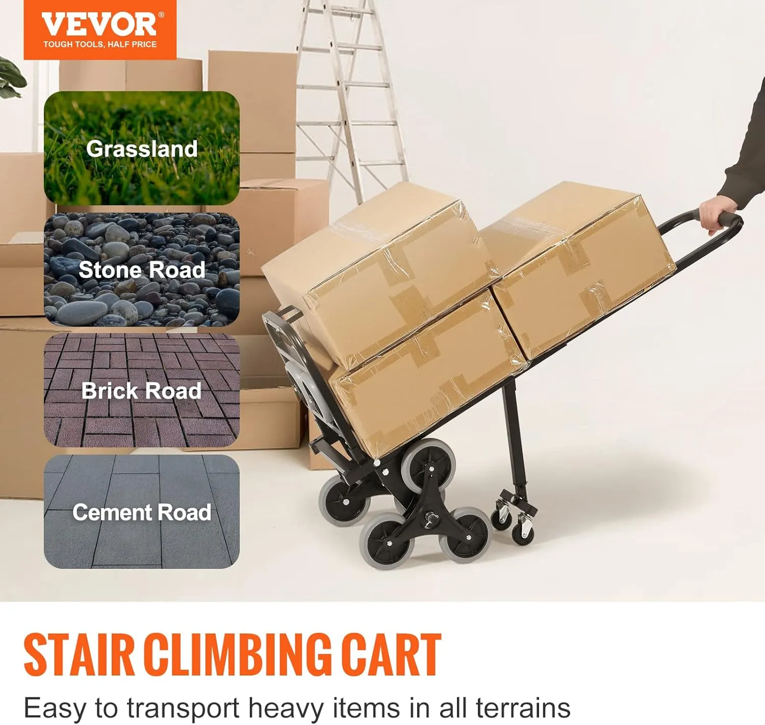 VEVOR Stair Climbing Hand Truck, Heavy-Duty Hand Cart Dolly 375 lbs Load Capacity, Foldable Stair Climber Hand Trucks with Adjustable Handle, All Terrain Cart for Stairs with 10 Wheels
