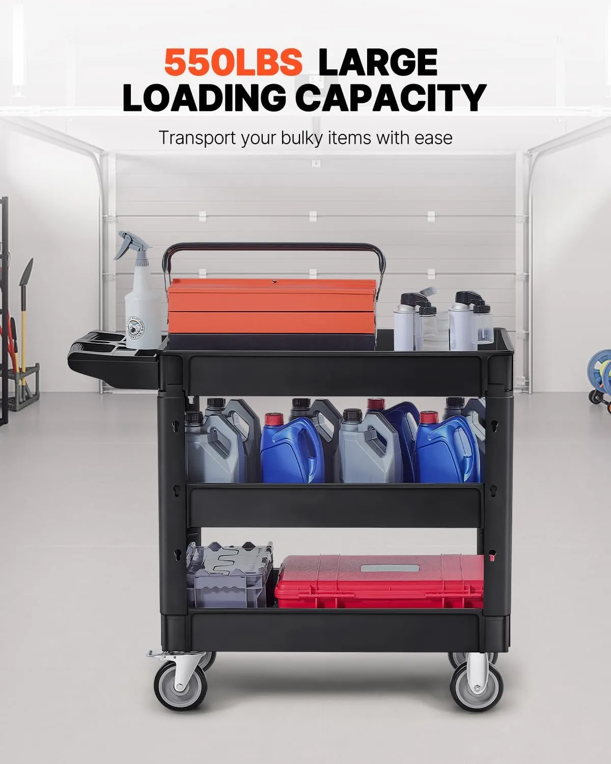 VEVOR Utility Cart, 3-Tier Plastic Service Cart with 550LBS Capacity, 360° Swivel Casters (Including 2 Locking Wheels), Medium Lipped Shelves, Ergonomic Handle, for Garage, Warehouse, Cleaning Tasks