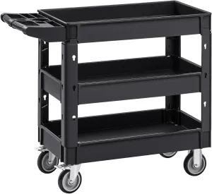 VEVOR Utility Service Cart,Heavy Duty 3 Shelf 550LBS Plastic Rolling Utility Cart with 360° Swivel Wheels (2 with Brakes), Medium Lipped Shelf, Ergonomic Storage Handle for Warehouse/Garage/Cleaning