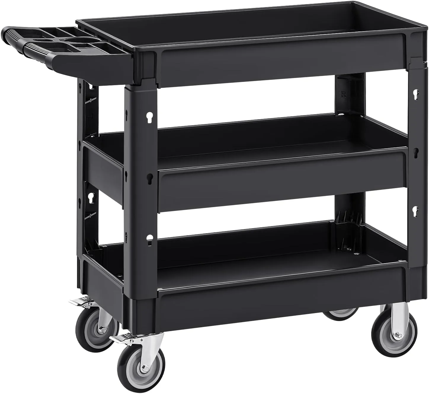 VEVOR Utility Service Cart,Heavy Duty 3 Shelf 550LBS Plastic Rolling Utility Cart with 360° Swivel Wheels (2 with Brakes), Medium Lipped Shelf, Ergonomic Storage Handle for Warehouse/Garage/Cleaning