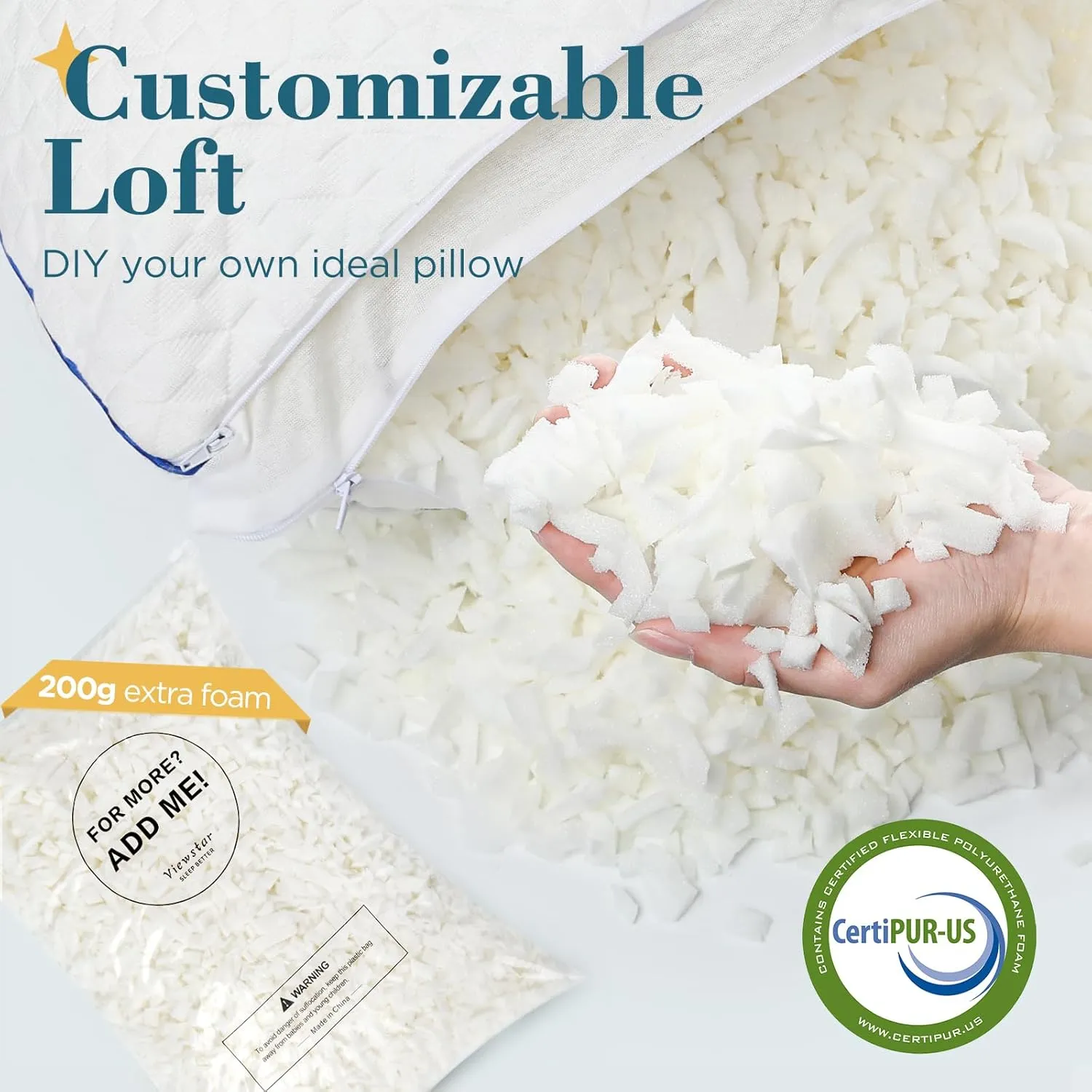 viewstar Shredded Memory Foam Pillows Queen Size Set of 2, Adjustable Firm Pillows for Side Back Stomach Sleepers, Washable Removable Cover