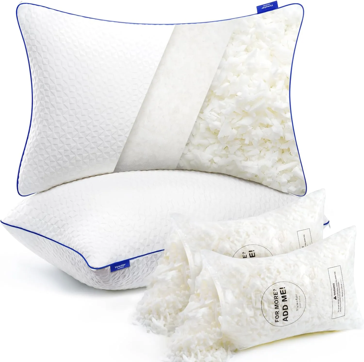 viewstar Shredded Memory Foam Pillows Queen Size Set of 2, Adjustable Firm Pillows for Side Back Stomach Sleepers, Washable Removable Cover