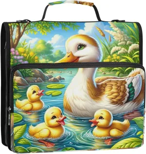 VIGTRO Ducks Mom and Babies 1.5 Inch 3 Ring Case Zipper Binder Organizer Bag with Shoulder Strap and Handle Summer Pond Multi-Pocket File Folder for Office Supplies