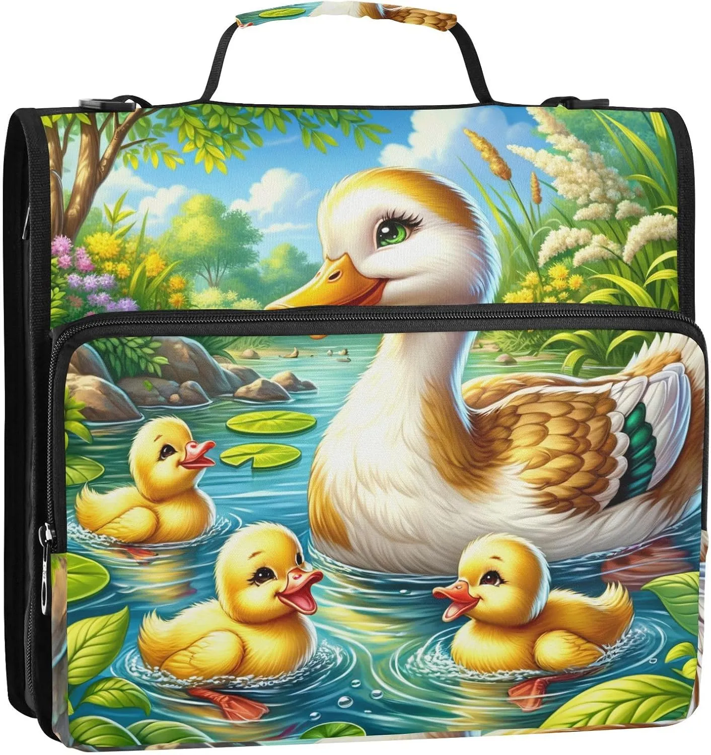 VIGTRO Ducks Mom and Babies 1.5 Inch 3 Ring Case Zipper Binder Organizer Bag with Shoulder Strap and Handle Summer Pond Multi-Pocket File Folder for Office Supplies