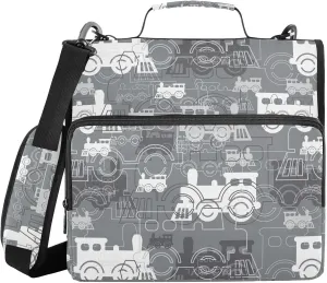 VIGTRO Steam Locomotives Pattern 3 Ring Zipper Binder 1.5 Inch Binder Organizer Bag with Shoulder Strap and Handle File Folder for Office Work 500 Sheet Capacity