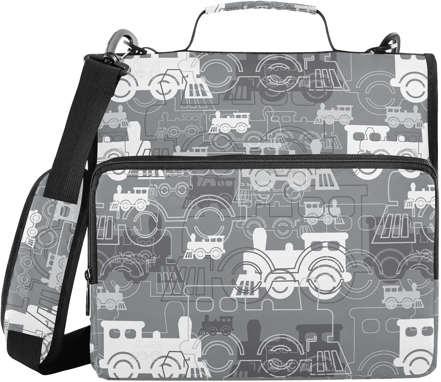 VIGTRO Steam Locomotives Pattern 3 Ring Zipper Binder 1.5 Inch Binder Organizer Bag with Shoulder Strap and Handle File Folder for Office Work 500 Sheet Capacity