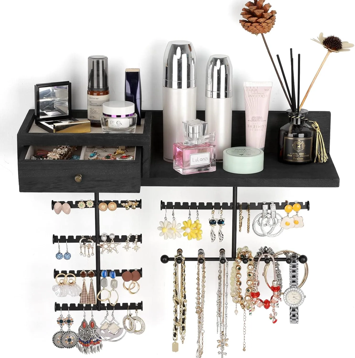 VINAEMO Jewelry Organizer Hanging Wall Mounted Jewelry Holder with Rustic Wood Drawer & Large Capacity Storage Shelf Rack Display for Earrings Rings Necklaces Bracelet(Black)