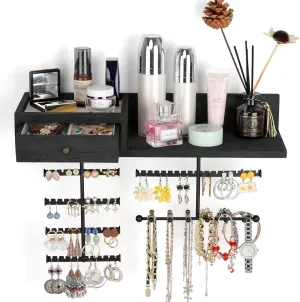 VINAEMO Jewelry Organizer Hanging Wall Mounted Jewelry Holder with Rustic Wood Drawer & Large Capacity Storage Shelf Rack Display for Earrings Rings Necklaces Bracelet(Black)