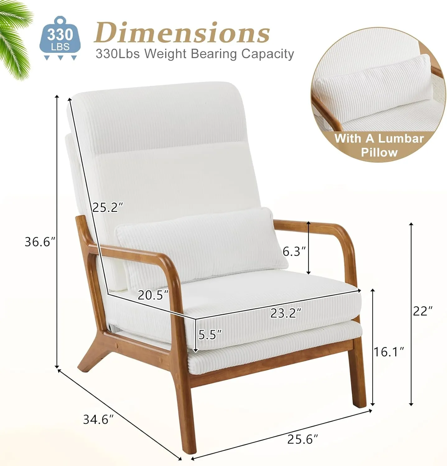 VINGLI Upgraded Premium Corduroy High Back Accent Chair Set of 2,Upholstered Arm Chair,Solid Wood Comfy Reading Chair with Lumbar Pillow, Mid Century Modern Chairs for Living Room,Bedroom, White