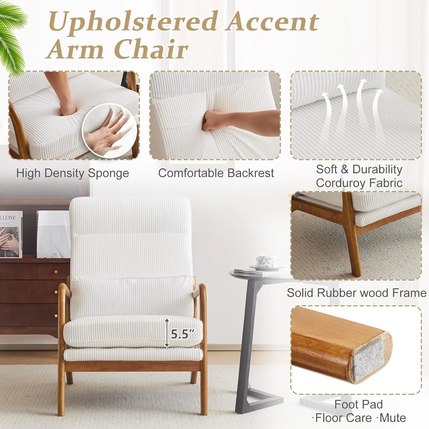 VINGLI Upgraded Premium Corduroy High Back Accent Chair Set of 2,Upholstered Arm Chair,Solid Wood Comfy Reading Chair with Lumbar Pillow, Mid Century Modern Chairs for Living Room,Bedroom, White