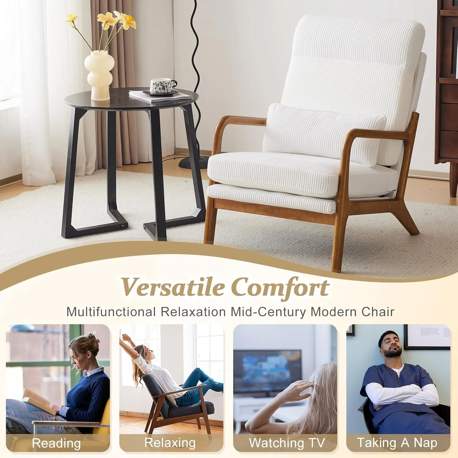 VINGLI Upgraded Premium Corduroy High Back Accent Chair Set of 2,Upholstered Arm Chair,Solid Wood Comfy Reading Chair with Lumbar Pillow, Mid Century Modern Chairs for Living Room,Bedroom, White