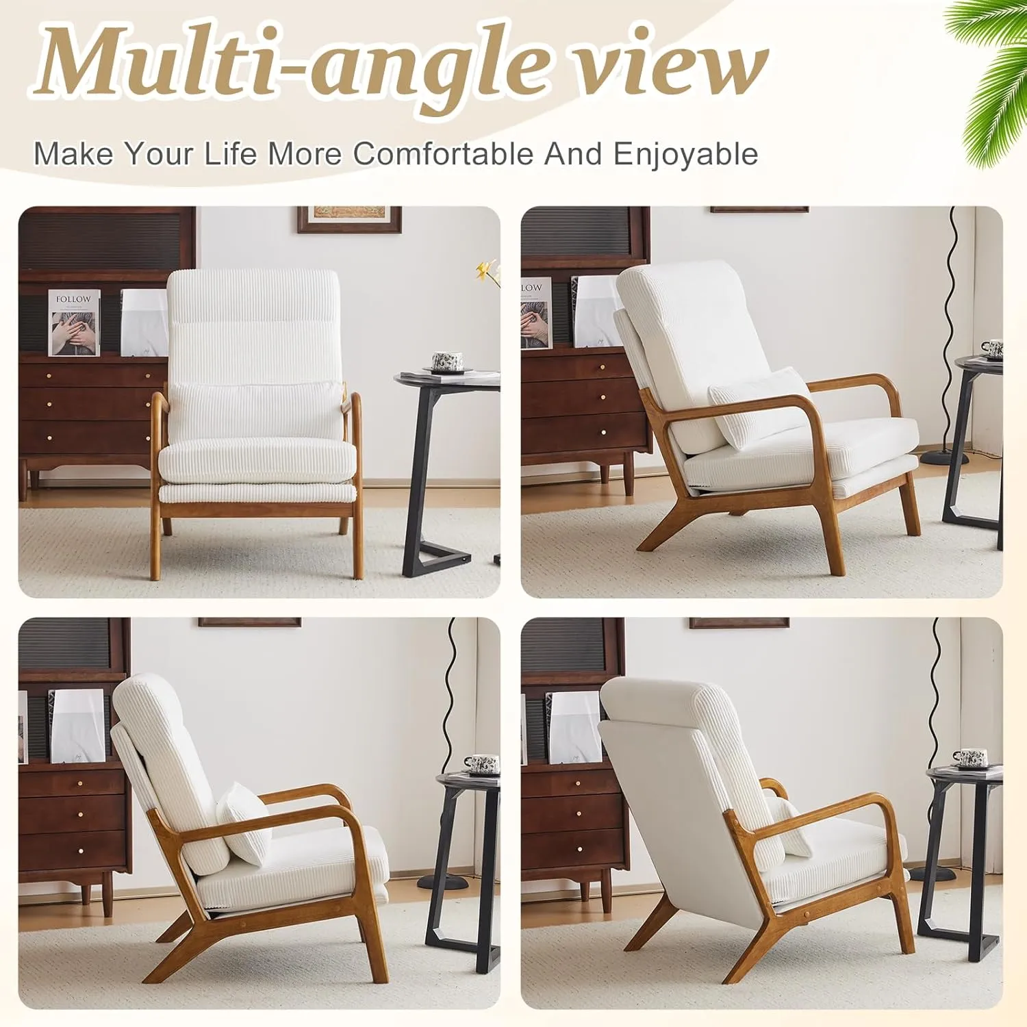 VINGLI Upgraded Premium Corduroy High Back Accent Chair Set of 2,Upholstered Arm Chair,Solid Wood Comfy Reading Chair with Lumbar Pillow, Mid Century Modern Chairs for Living Room,Bedroom, White