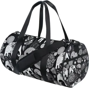 Vintage Enamored Elephants Elephant Circles Flowers on Dark Duffel Bag, Foldable Canvas Travel Tote for Gym Sports with Inner Pockets, Durable Lightweight Fitness Bag for Overnight Workout