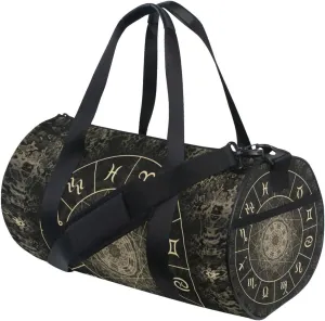 Vintage Magic Circle with Zodiacs Sign on Abstract Mystic Duffel Bag, Foldable Canvas Travel Tote for Gym Sports with Inner Pockets, Durable Lightweight Fitness Bag for Overnight Workout