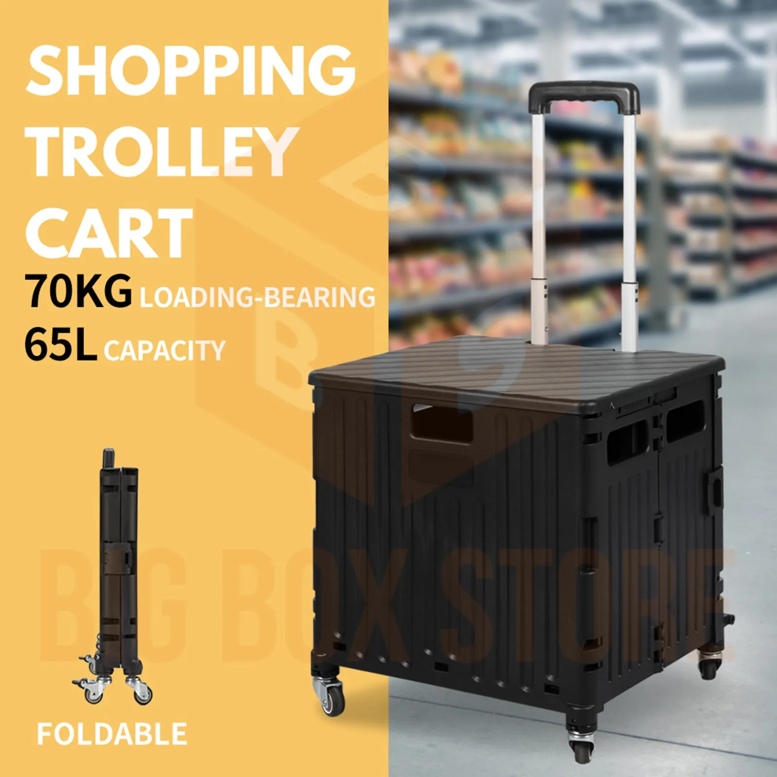 Viviendo 65L Foldable Shopping Trolley Cart Portable Grocery Basket Rolling Wheel with Top Cover - Black