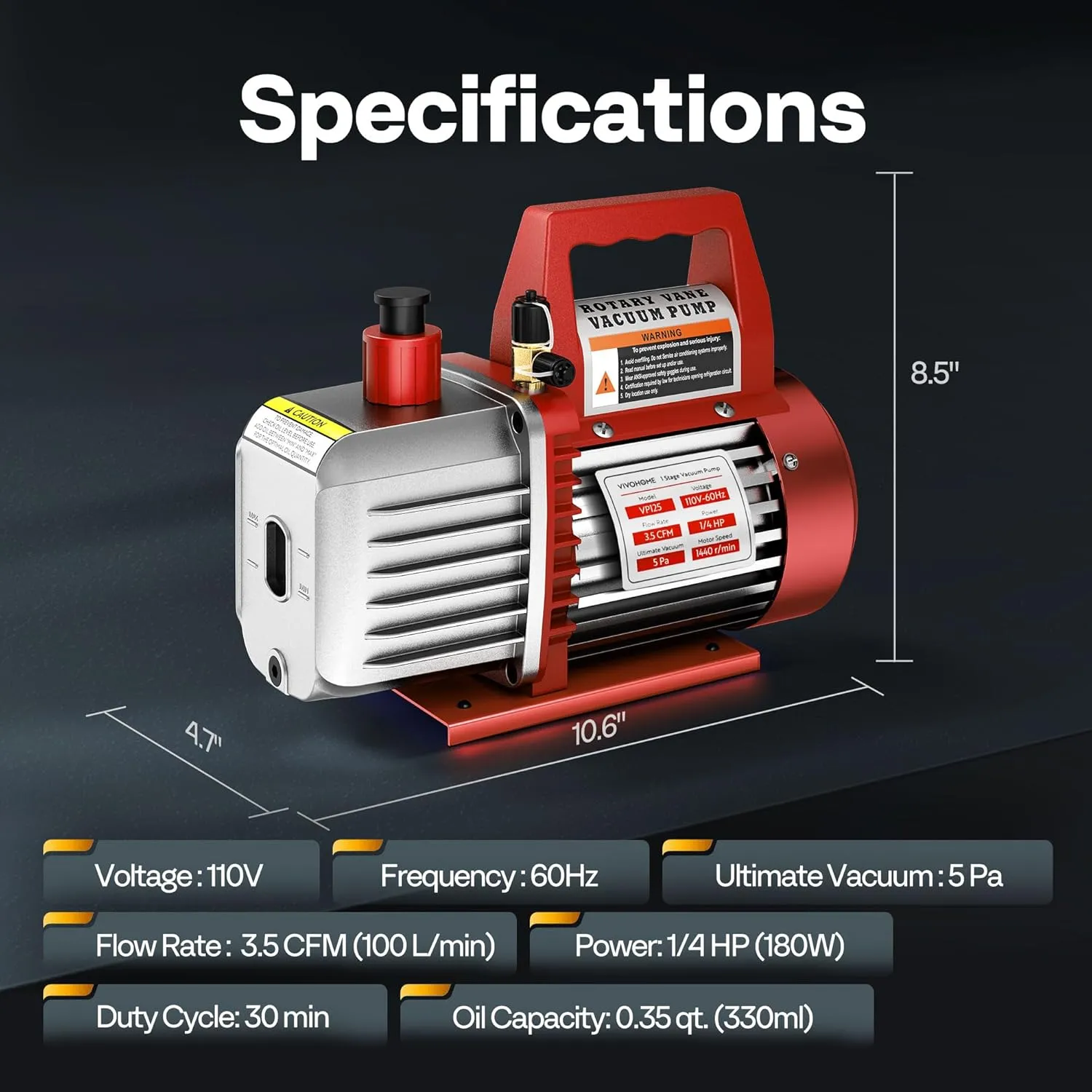 VIVOHOME 110V 1/4 HP 3.5 CFM Single Stage Rotary Vane Air Vacuum Pump with Oil Bottle, Red