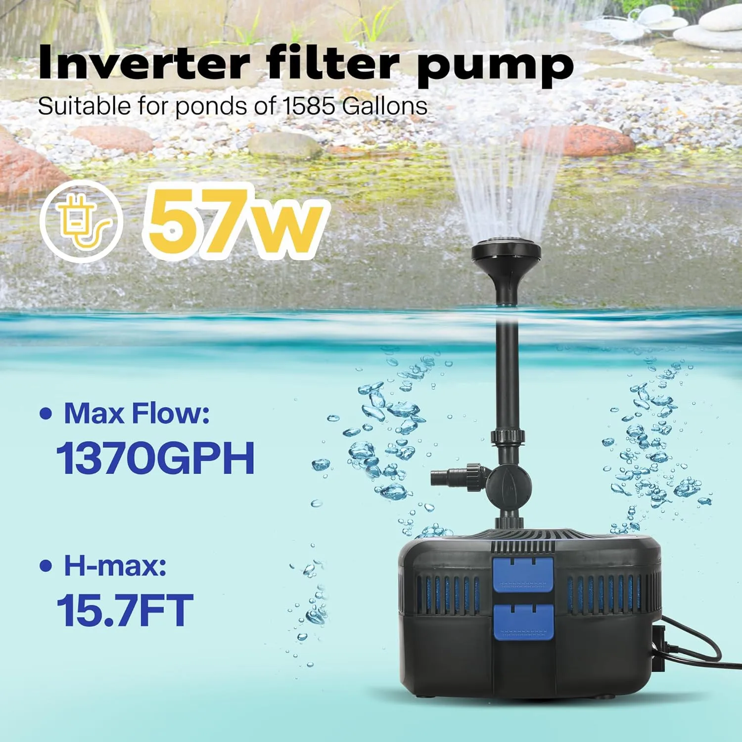 VIVOHOME 4-in-1 Pond Filter System Kits, 1370 GPH Water Pump with Filter, Fountain and 13W Light Combo for Ponds up to 2113 Gallons