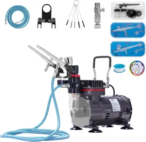 VIVOHOME Airbrush Kit with 1/5 HP Air Compressor and 3 Dual Action Professional Airbrush Gun, Gravity and Siphon Feed, Quiet Air Brush Paint Set with Holder, Color Wheel, Cleaning Brush, 2 Cup