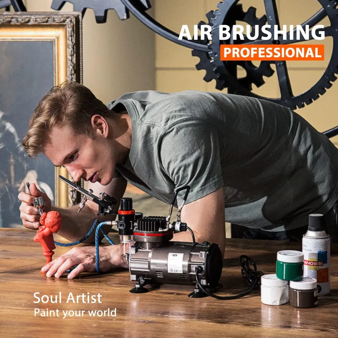 VIVOHOME Airbrush Kit with 1/5 HP Air Compressor and 3 Dual Action Professional Airbrush Gun, Gravity and Siphon Feed, Quiet Air Brush Paint Set with Holder, Color Wheel, Cleaning Brush, 2 Cup