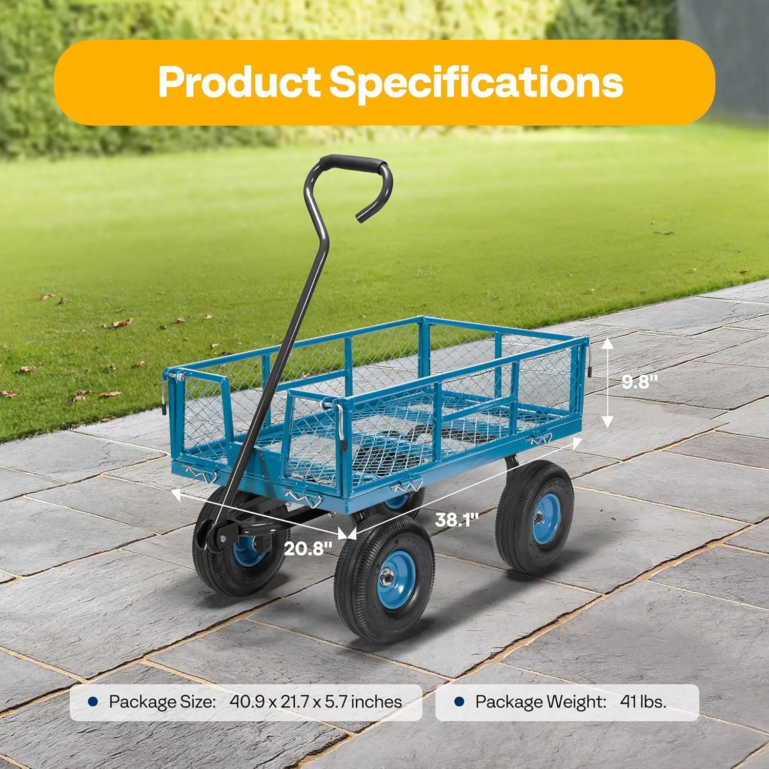 VIVOHOME Heavy Duty 880 Lbs Capacity Mesh Steel Garden Cart Folding Utility Wagon with Removable Sides and 4.10/3.50-4" Wheels 10 inch Tire (Blue)