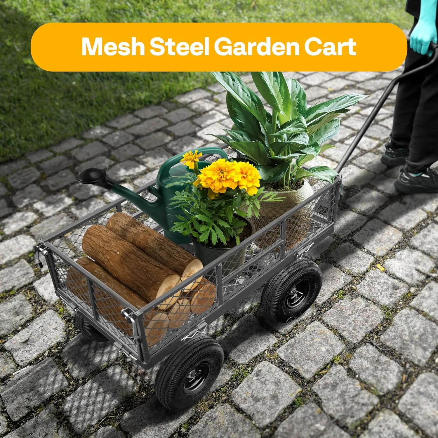 VIVOHOME Heavy Duty 880 Lbs Capacity Mesh Steel Garden Cart Folding Utility Wagon with Removable Sides and 4.10/3.50-4" Wheels 10 inch Tire (Grey)