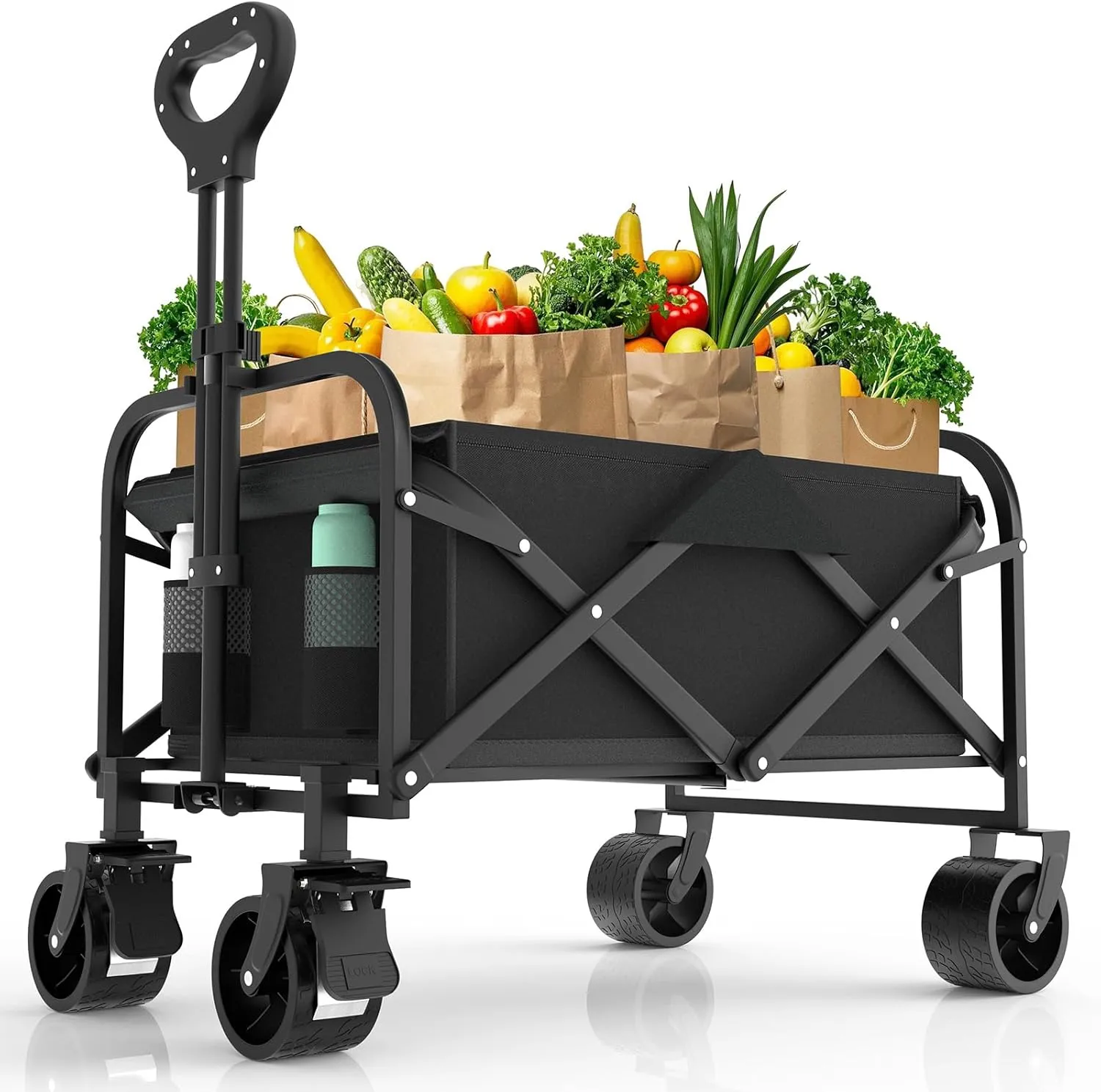 Wagons Carts Foldable, 330LBS Beach Wagon Collapsible with All-Terrain Wheels Portable Utility Folding Cart for Beach/Grocery/Garden/Fishing/Camping/Shopping/Outdoor/Travel, Black