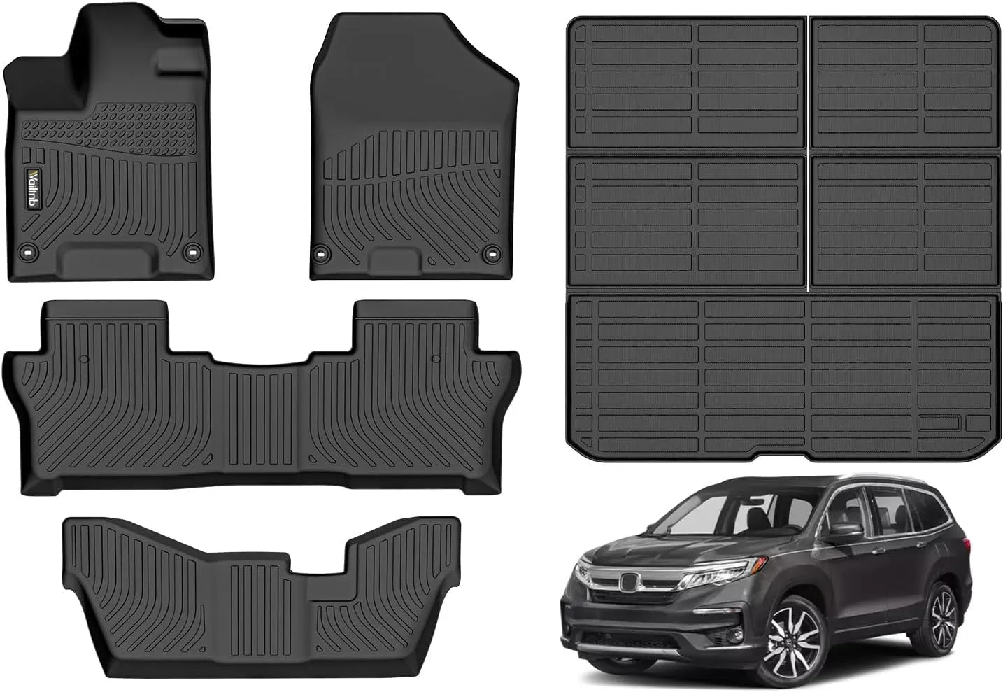 Wailtnb- Floor Mats & Cargo Liner Set Fit Honda Pilot 2016-2022 8-Passenger (ONLY 8 Passenger) (Not Fit Elite Models) All Weather Floor Liners for 2016-2022 Honda Pilot Cargo Liner Trunk Mats