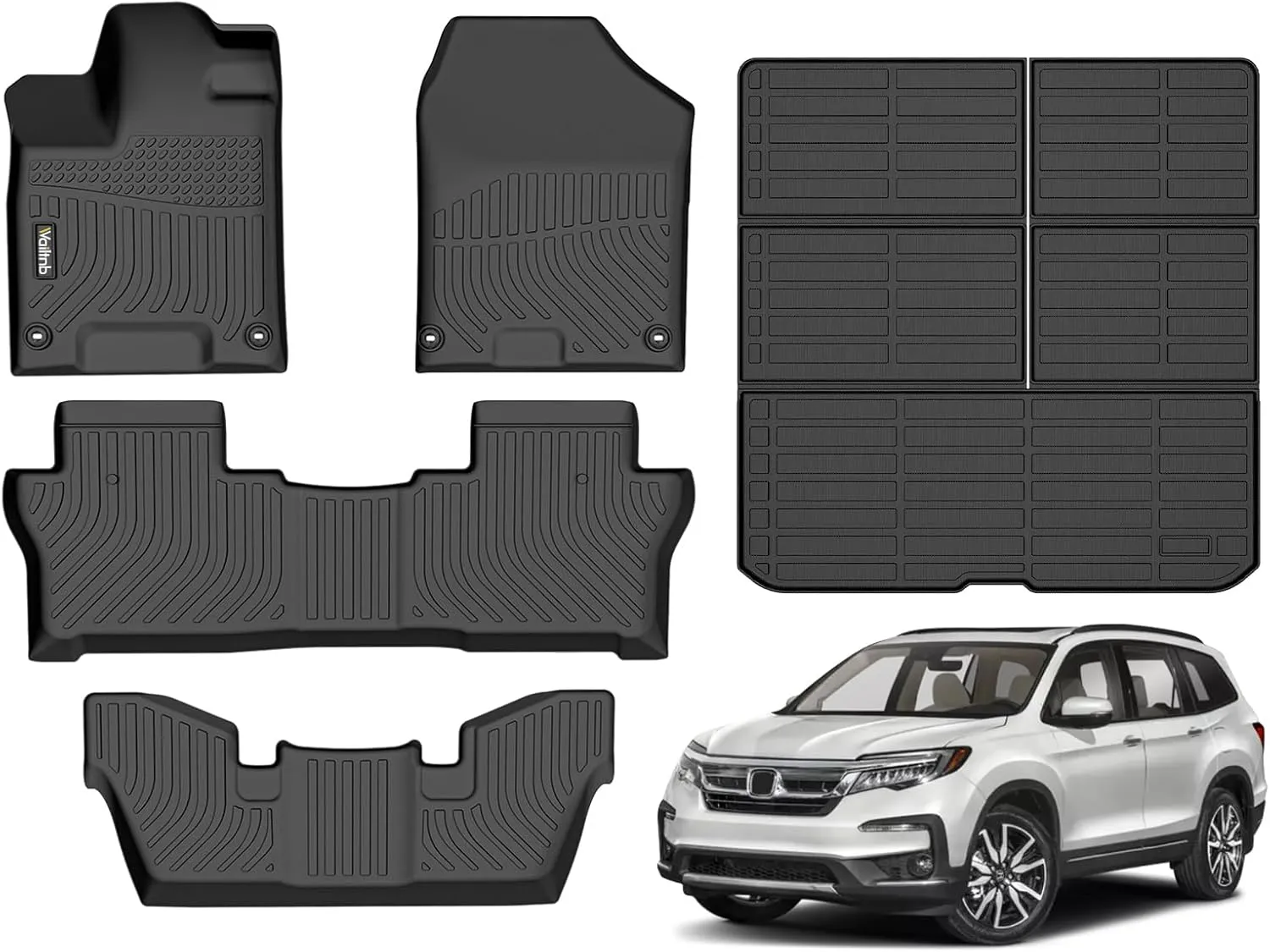 Wailtnb- Floor Mats & Cargo Mats Set Fit Honda Pilot 2016-2022 7-Passenger (ONLY 7 Passenger) (Not Fit Elite Models) All Weather Floor Liners for 2016-2022 Pilot Cargo Liner for Honda Pilot