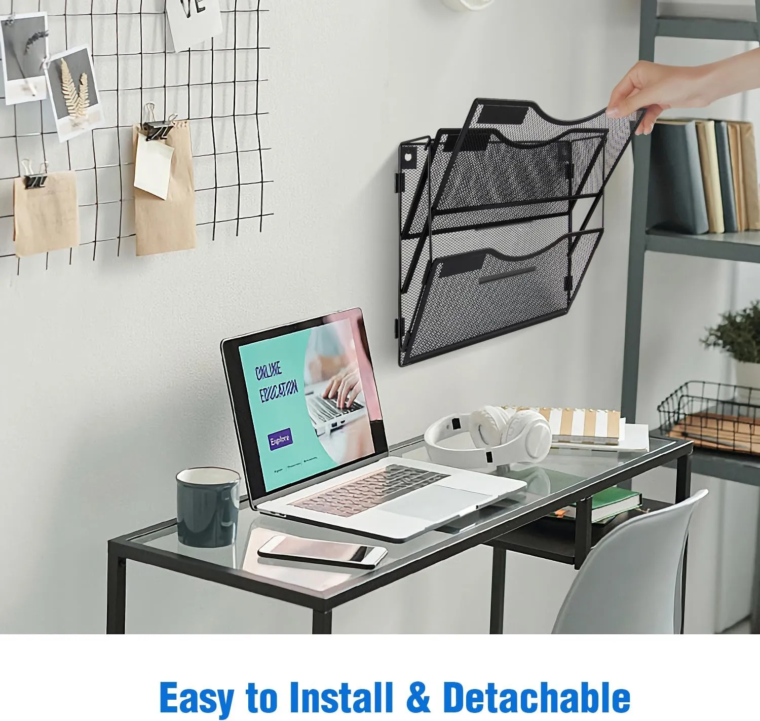 Wall File Organizer 3 Pockets, Mail Organizer, Hanging Folder Holder, Foldable | Hanging or Wall Mounted | Label Panel | 2 Hooks | Office Home School Organizer, Black