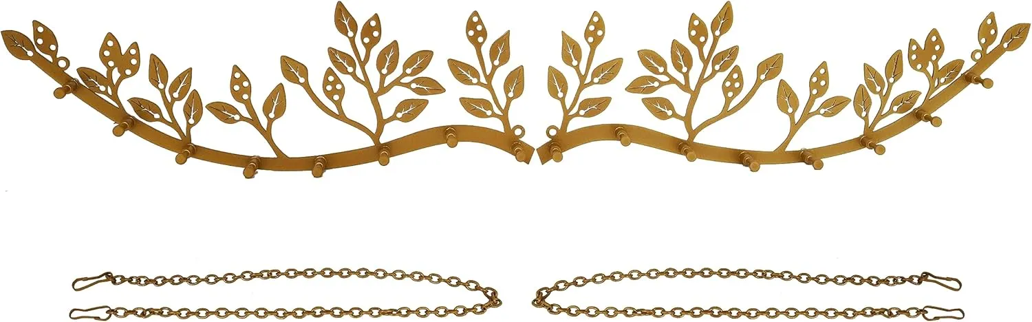 Wall Mounted Jewelry Necklace Holder Organizer with 8 Hooks and 43 Holes, Neatly Hanging Earring, Bracelet, and Keys - Rustic Gold Metal Tree Leaf Branch Wall Décor