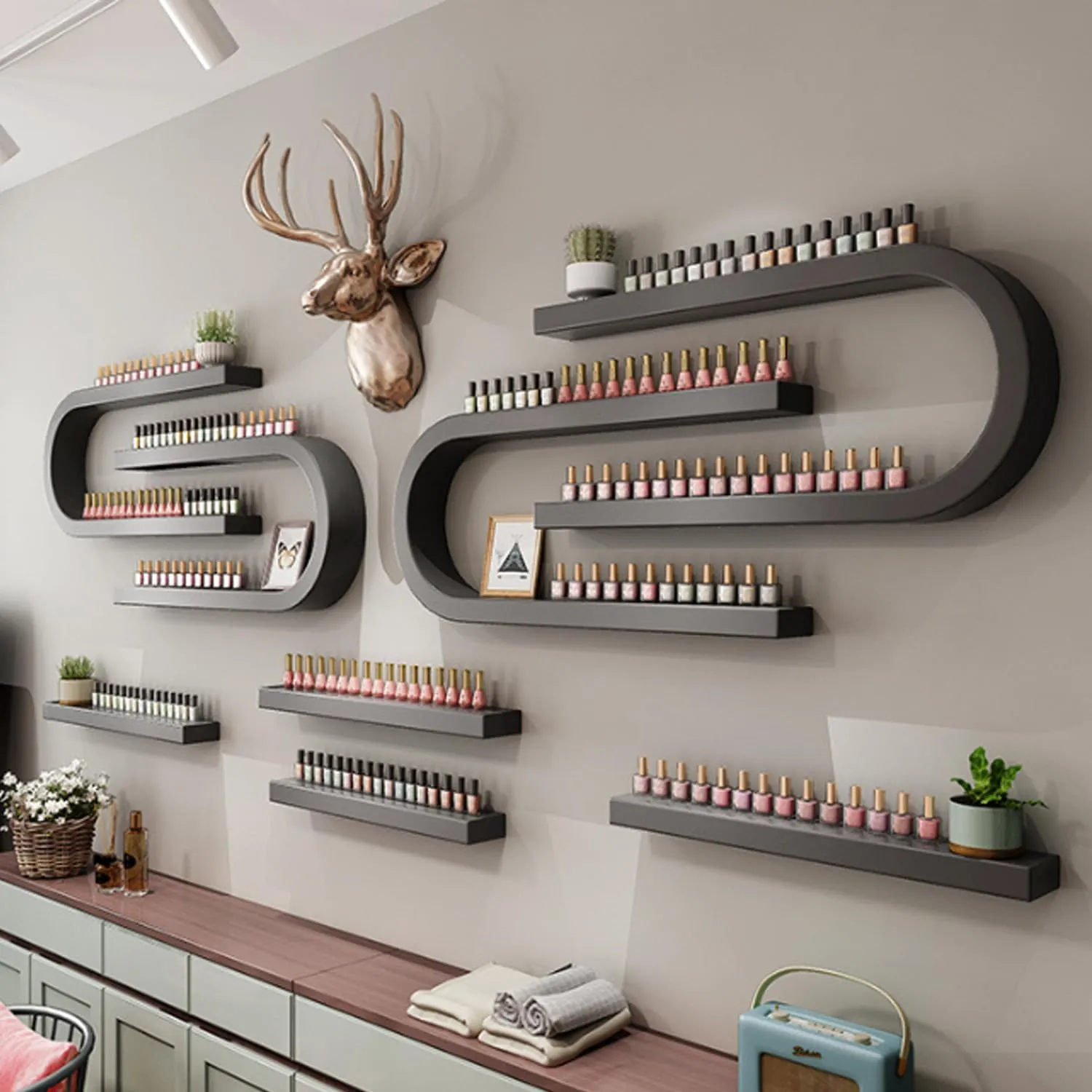 Wall Mounted Nail Polish Storage Racks, Metal U-Shaped Nail Settings Display Rack for Wall, Commercial Nail Salon Walls Storages Shelf, Hanging Organizer Shelf, for Nail,Black,8 Piece
