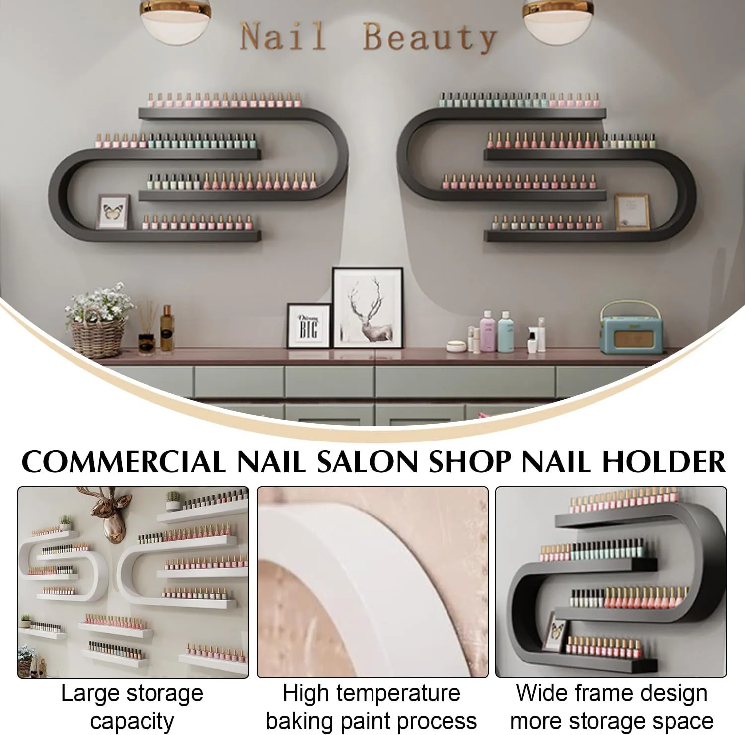 Wall Mounted Nail Polish Storage Racks, Metal U-Shaped Nail Settings Display Rack for Wall, Commercial Nail Salon Walls Storages Shelf, Hanging Organizer Shelf, for Nail,Black,8 Piece