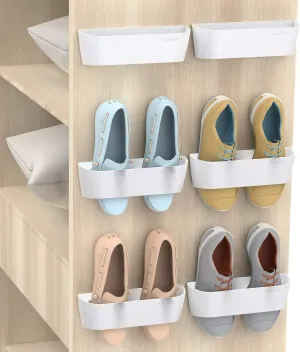 Wall Mounted Shoes Rack 6Pack with Sticky Hanging Strips, Plastic Shoes Holder Storage Organizer,Door Shoe Hangers (SM03-White-6)