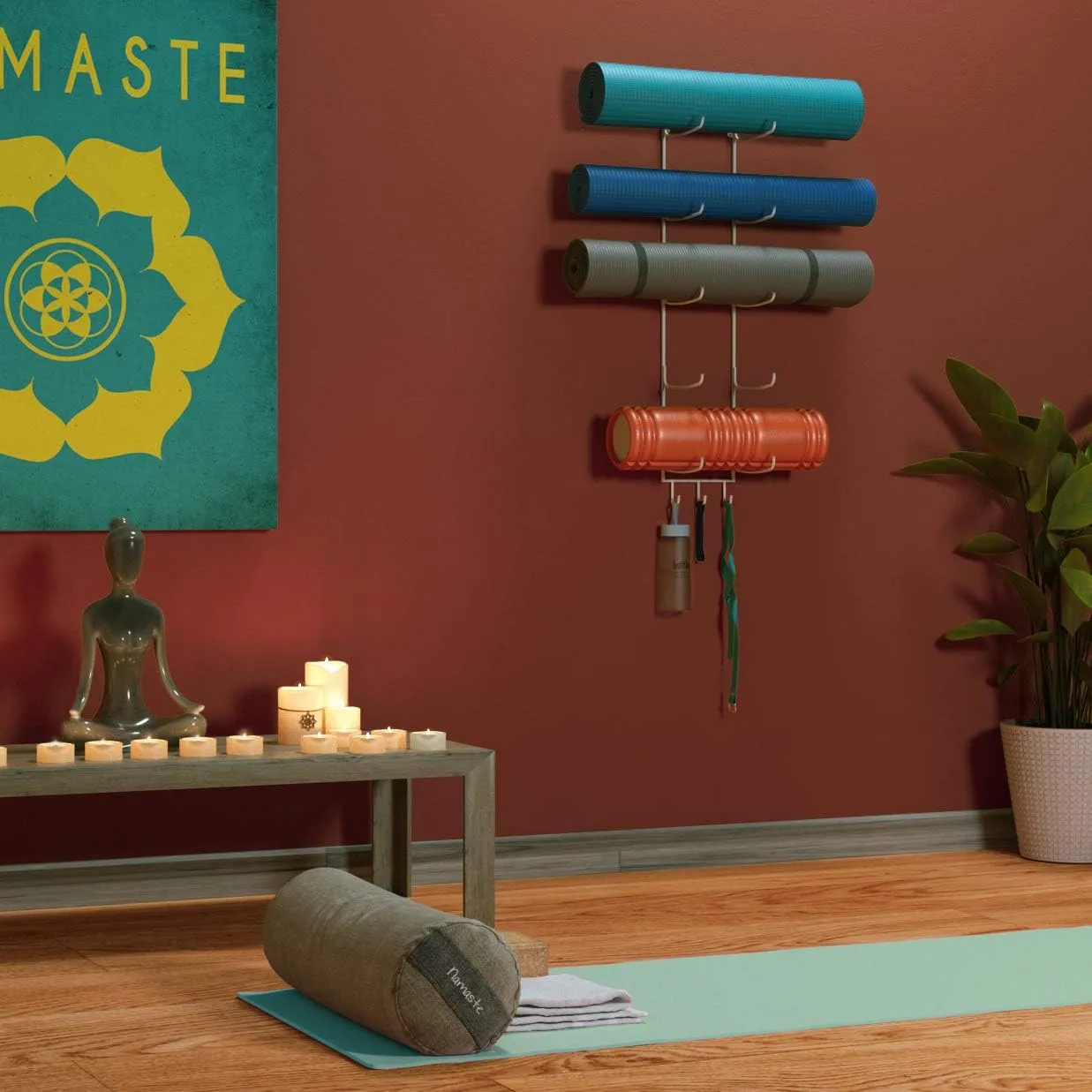 Wallniture Guru Yoga Mat Holder Wall Mount with 3 Hooks for Hanging Yoga Strap, Resistance Bands, 5-Sectional Metal