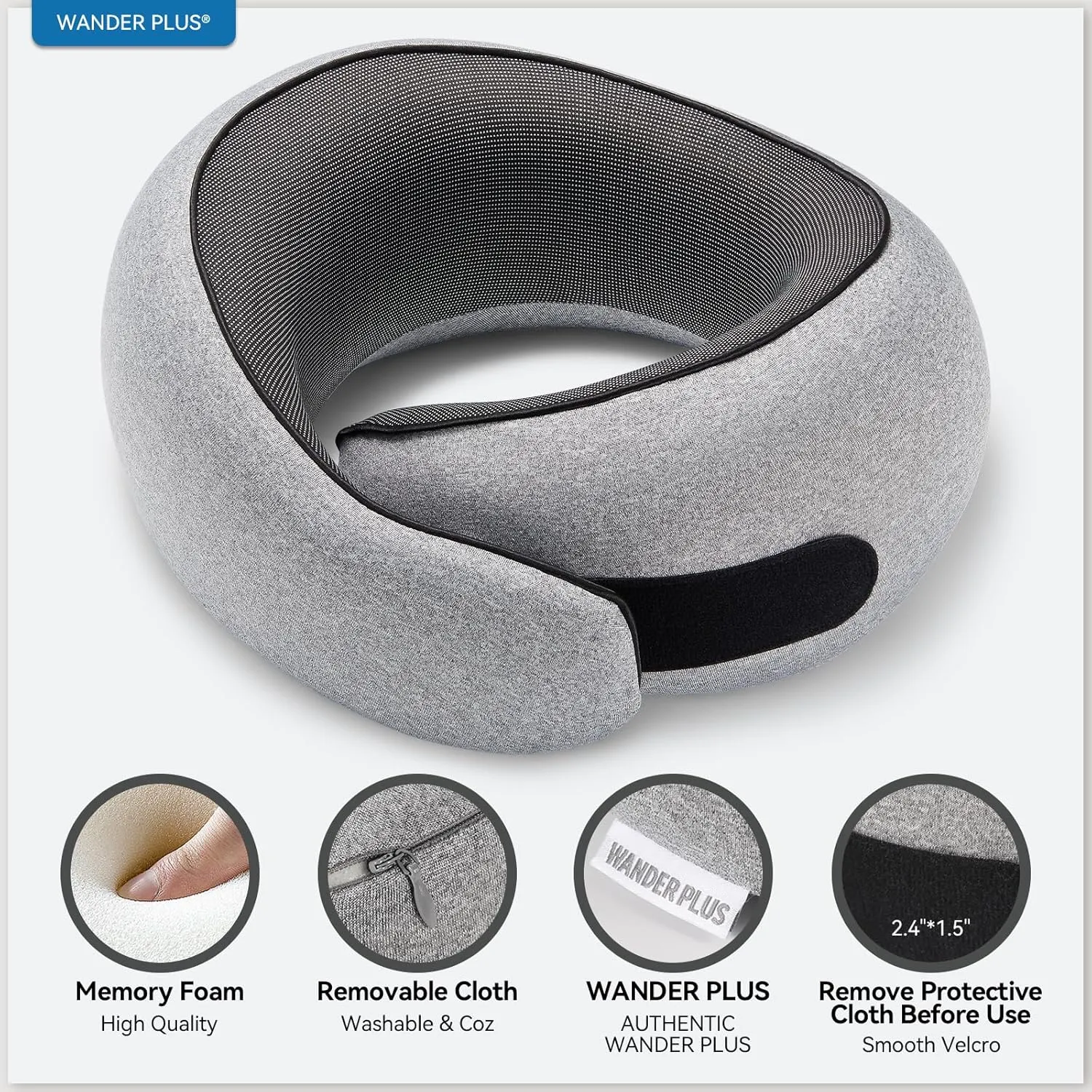 WANDER PLUS® Travel Neck Pillow, Pure Memory Foam Neck Pillow for Airplanes, Comfortable Breathable Cover, 360 Degree Support Ergonomic Design Best for Sleeping Plane Train Travel Essentials Max Grey