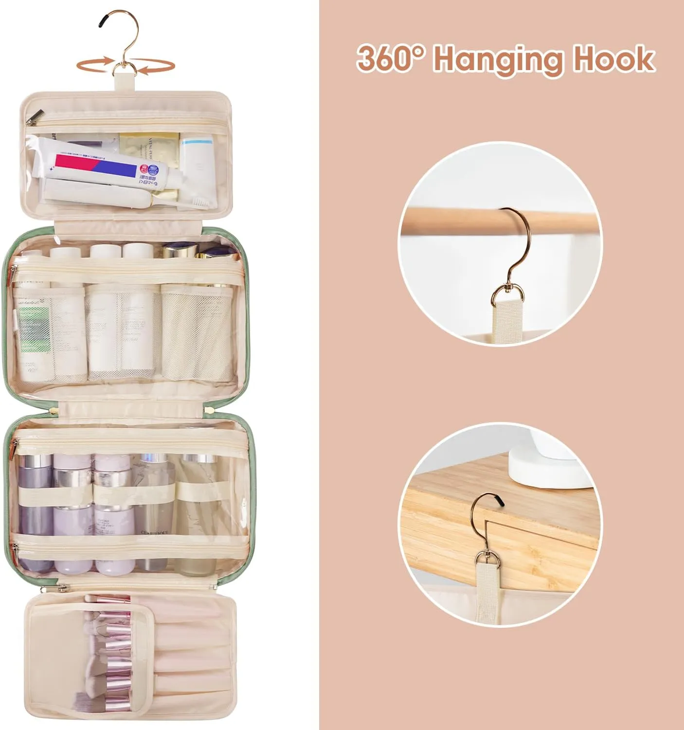 Wandering Nature Toiletry Bag for Women, Hanging Travel Makeup Organizer with 4 Compartments, Pu Leather Waterproof Cosmetic Bag for Full Sized Toiletries Green