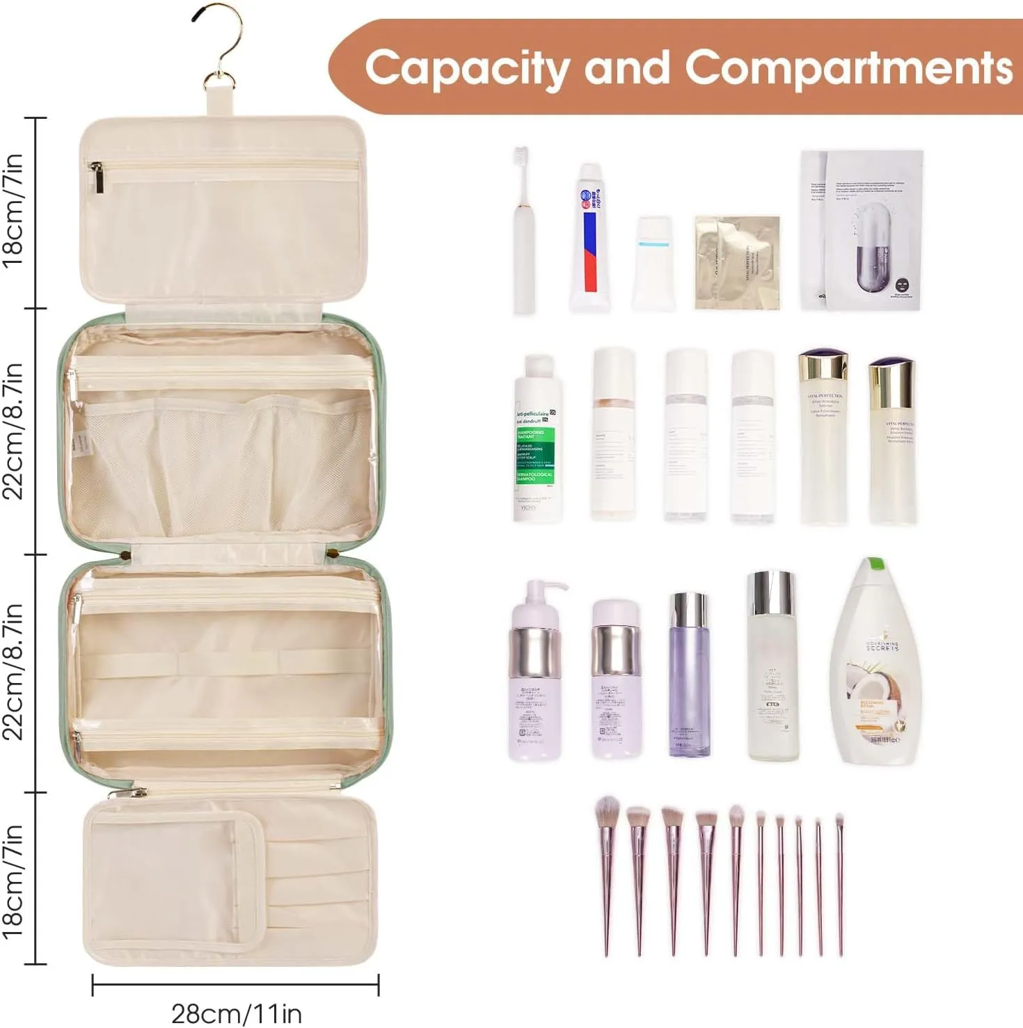Wandering Nature Toiletry Bag for Women, Hanging Travel Makeup Organizer with 4 Compartments, Pu Leather Waterproof Cosmetic Bag for Full Sized Toiletries Green