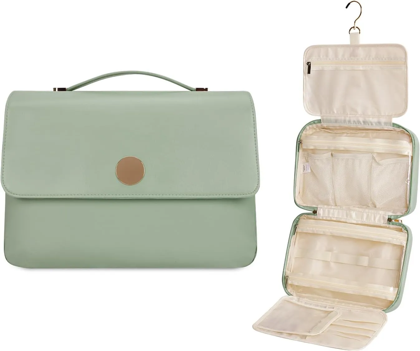 Wandering Nature Toiletry Bag for Women, Hanging Travel Makeup Organizer with 4 Compartments, Pu Leather Waterproof Cosmetic Bag for Full Sized Toiletries Green
