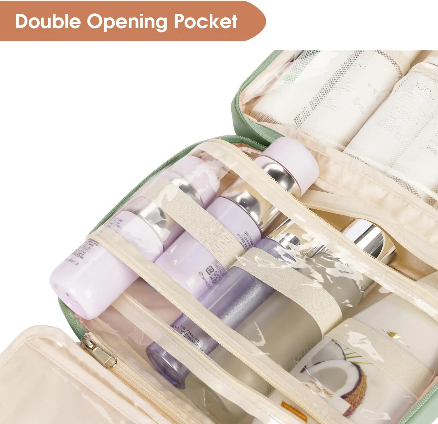 Wandering Nature Toiletry Bag for Women, Hanging Travel Makeup Organizer with 4 Compartments, Pu Leather Waterproof Cosmetic Bag for Full Sized Toiletries Green
