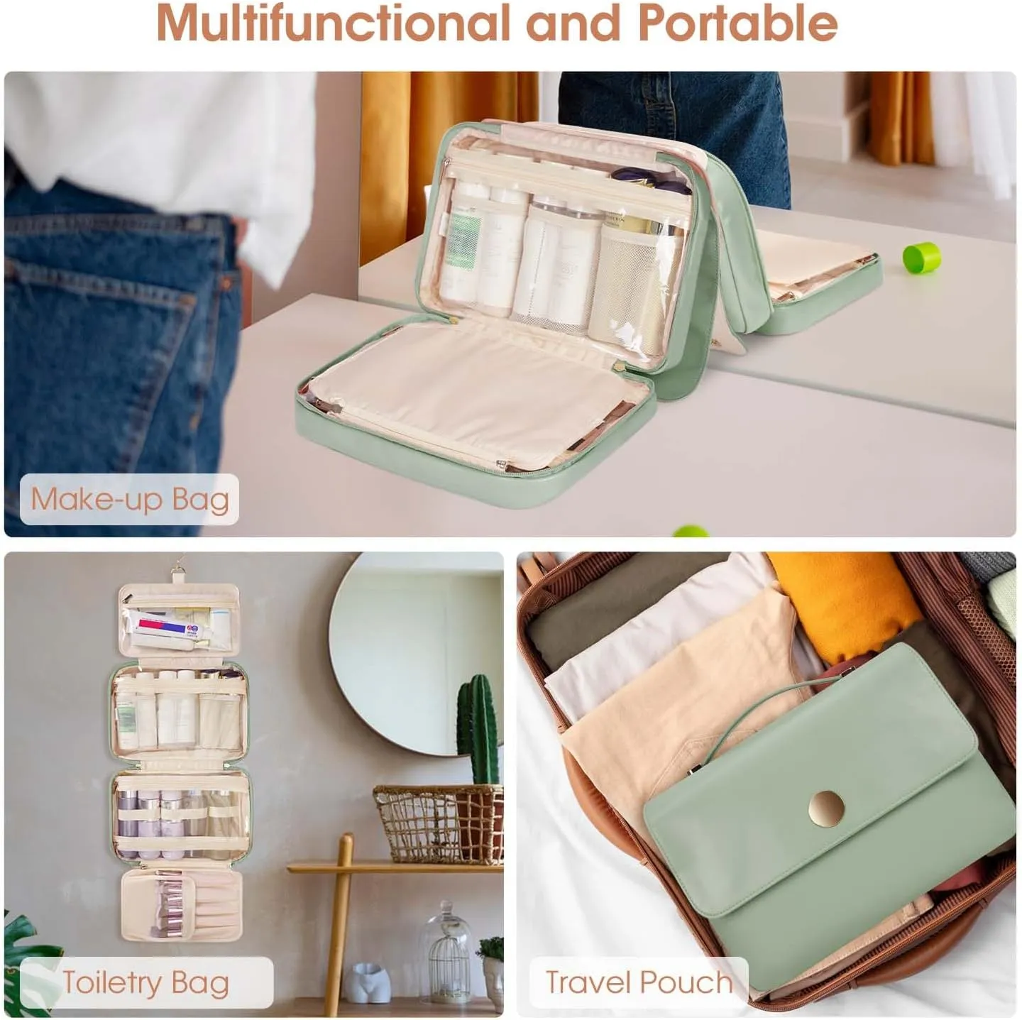 Wandering Nature Toiletry Bag for Women, Hanging Travel Makeup Organizer with 4 Compartments, Pu Leather Waterproof Cosmetic Bag for Full Sized Toiletries Green