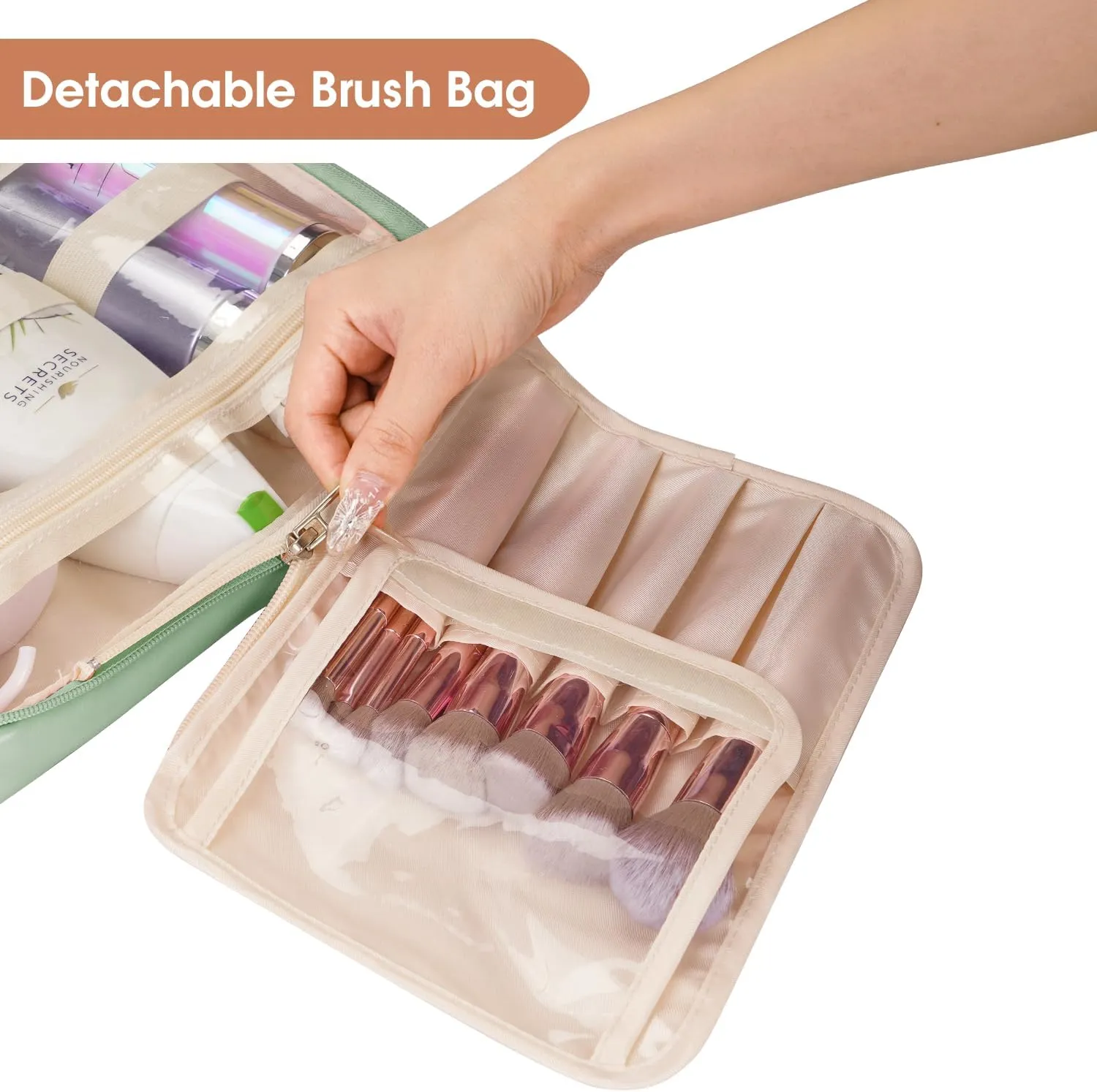 Wandering Nature Toiletry Bag for Women, Hanging Travel Makeup Organizer with 4 Compartments, Pu Leather Waterproof Cosmetic Bag for Full Sized Toiletries Green