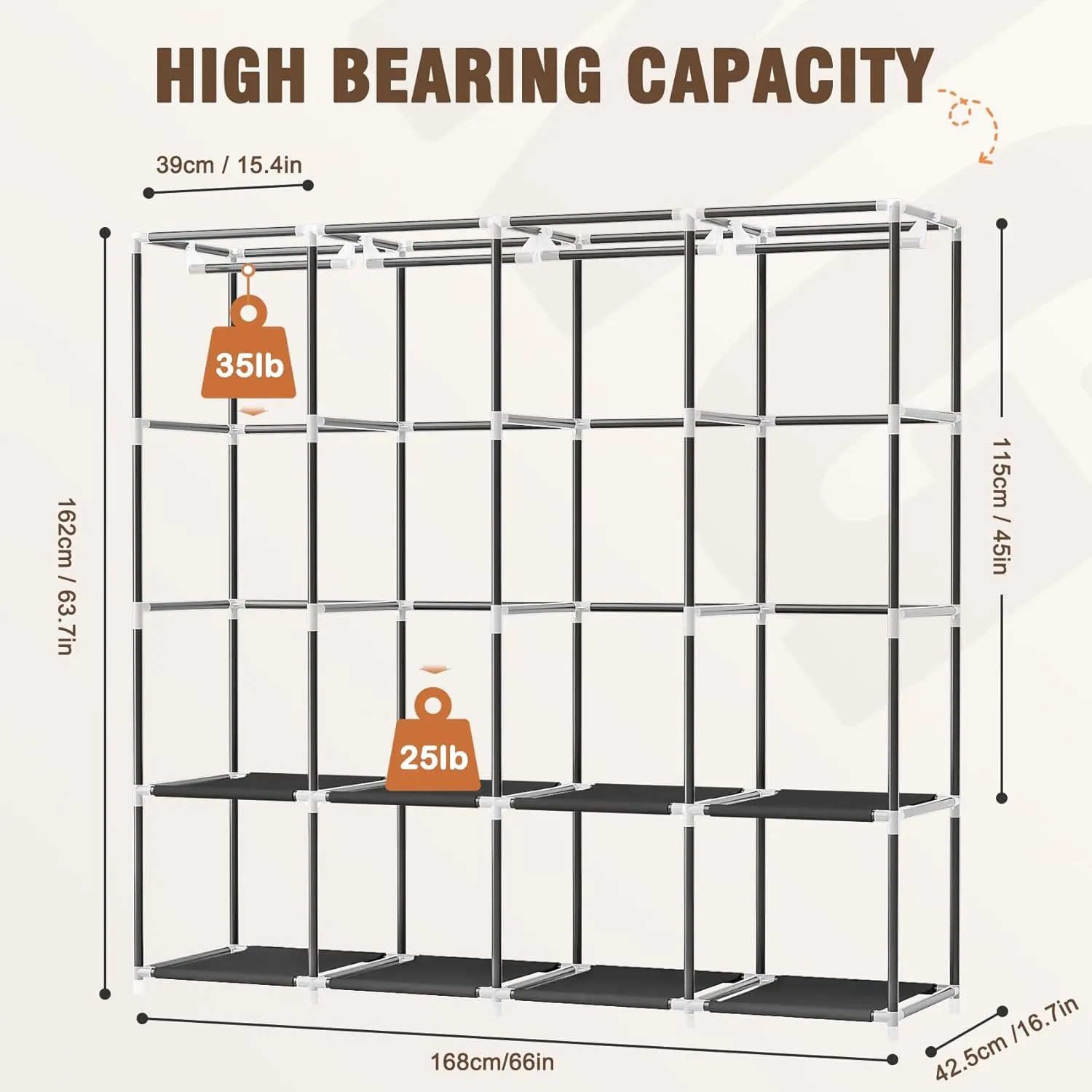 Wardrobe Closet, 66 Inch Portable Closet for Hanging Clothes, Large Capacity Clothes Rack Organizer with Cover & 4 Hanging Rods & 8 Storage Shelves & 2 Side Pockets (Black)