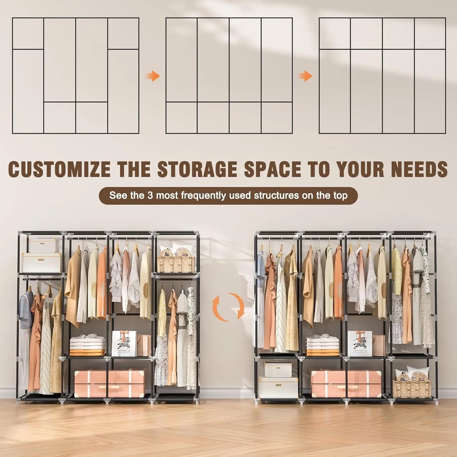 Wardrobe Closet, 66 Inch Portable Closet for Hanging Clothes, Large Capacity Clothes Rack Organizer with Cover & 4 Hanging Rods & 8 Storage Shelves & 2 Side Pockets (Black)